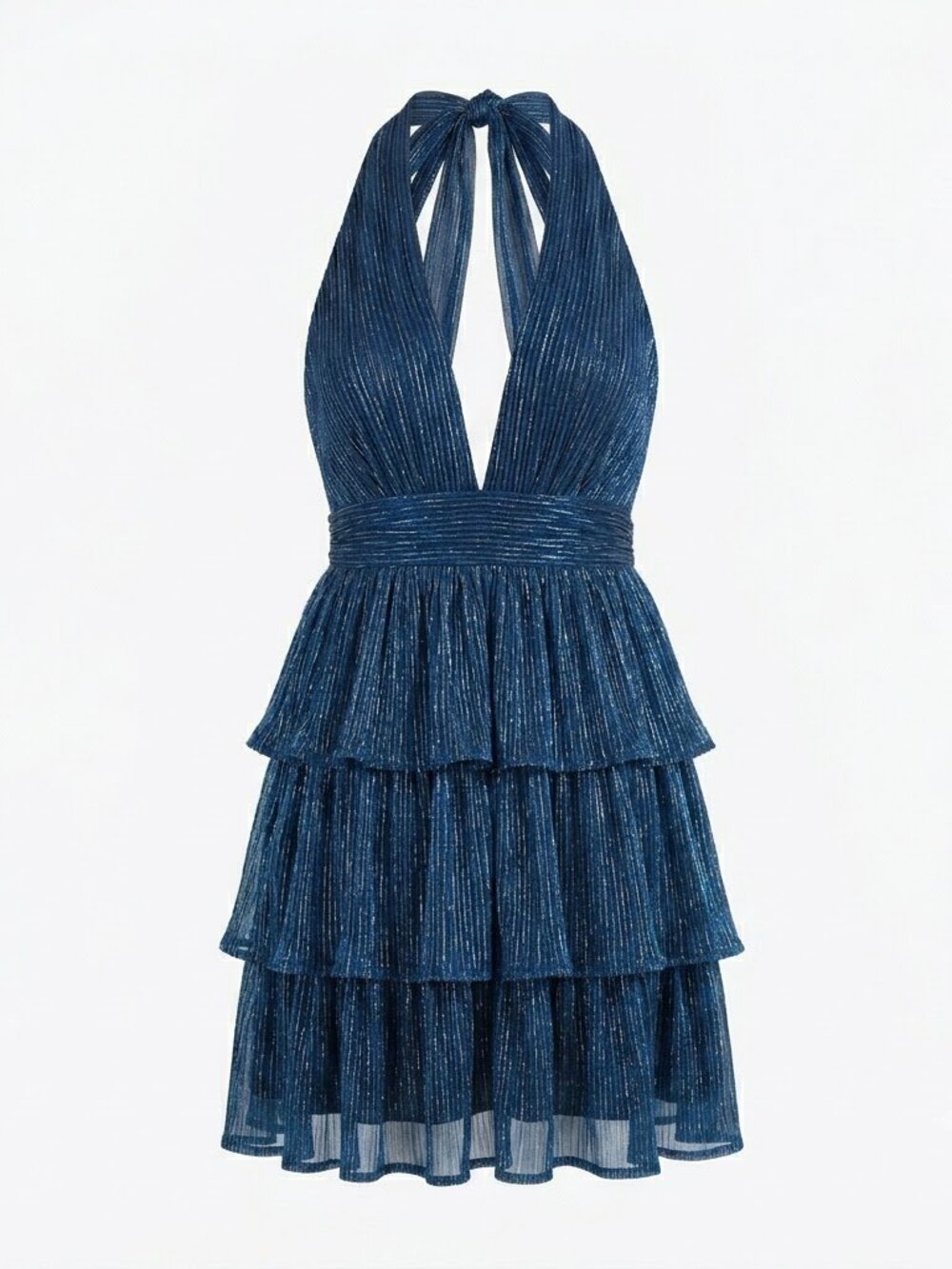 Lulus XS Blue Metallic Plated Halter Mini Dress Open Back Tiered Ruffle Cocktail